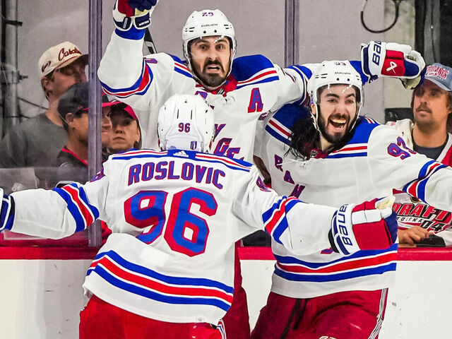 RALEIGH, NORTH CAROLINA - MAY 16: Chris Kreider #20 of the New York Rangers celebrates after a goal during the third period against the Carolina Hurricanes in Game Six of the Second Round of the 2024 Stanley Cup Playoffs at PNC Arena on May 16, 2024 in Raleigh, North Carolina.