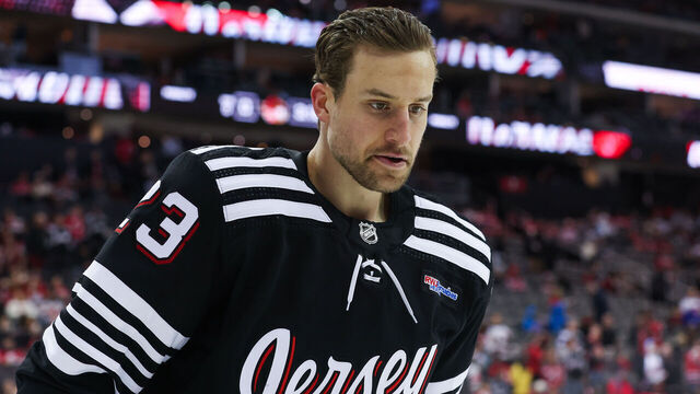 NEWARK, NJ - MARCH 23: New Jersey Devils defenseman Kurtis MacDermid (23) warms up before a game between the Ottawa Senators and New Jersey Devils on March 23, 2024 at Prudential Center in the Newark, New Jersey.