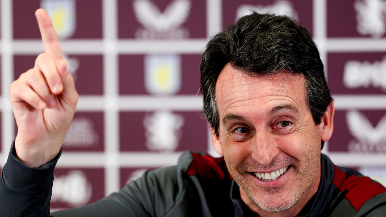 BIRMINGHAM, ENGLAND - MAY 17: Unai Emery head coach of Aston Villa talks to the press during a press conference at Bodymoor Heath training ground on May 17, 2024 in Birmingham, England.