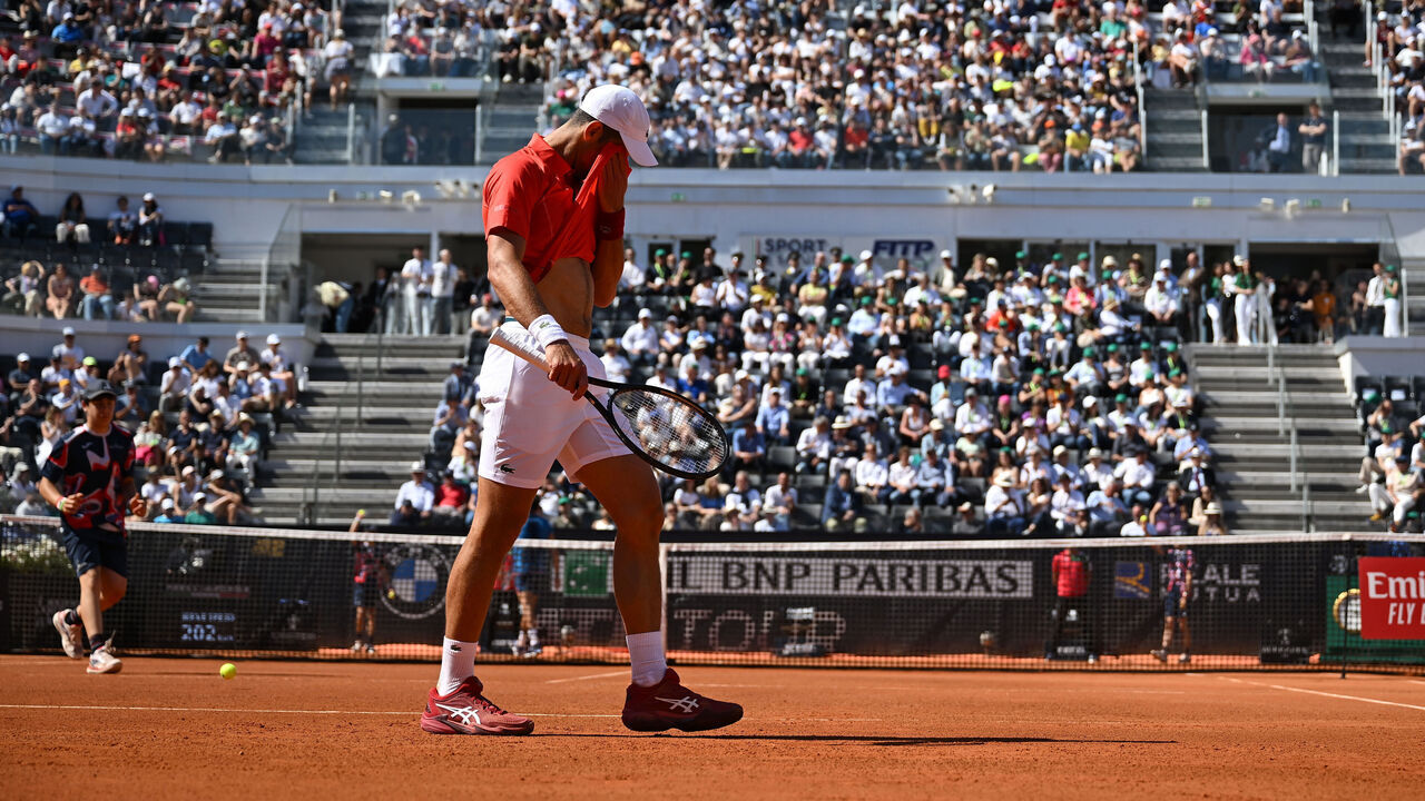 ROME, ITALY - MAY 12: Novak Djokovic of Serbia looks on during his match with Alejandro Tabilo of Chile in the Men's Singles third round match on Day 7 of the Internazionali BNL D'Italia 2024 at Foro Italico on May 12, 2024 in Rome, Italy.
