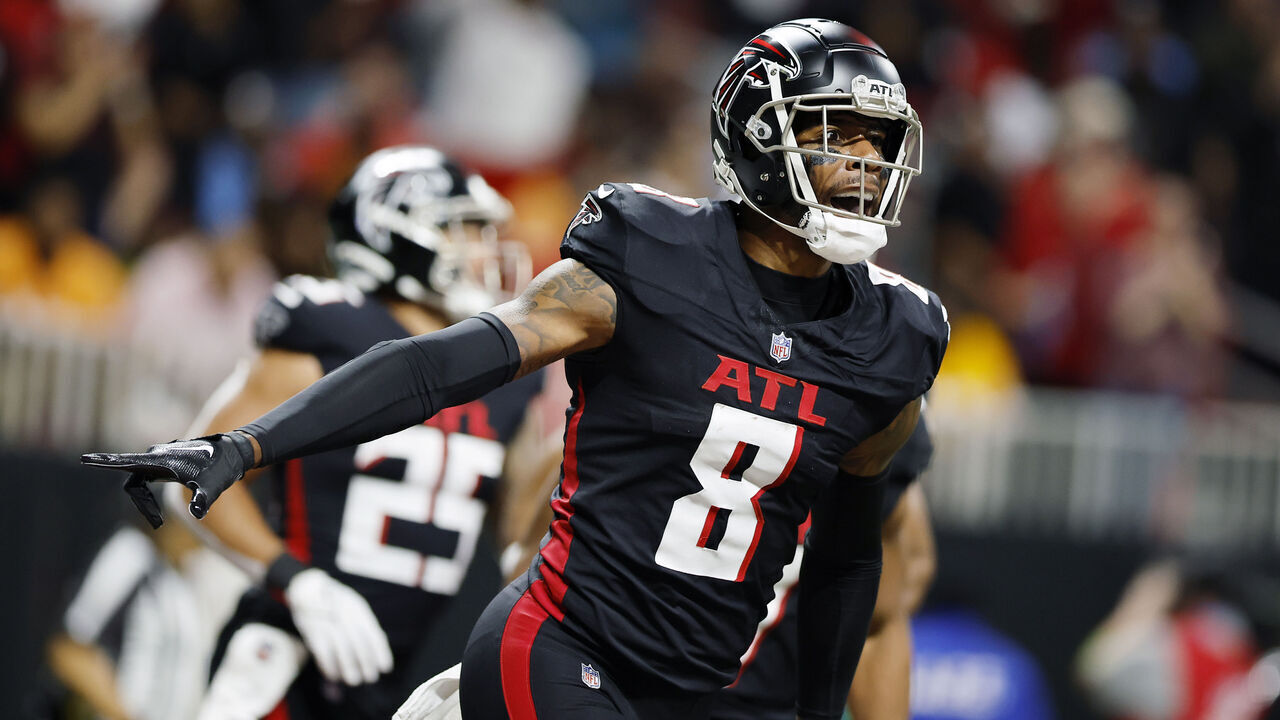 ATLANTA, GEORGIA - DECEMBER 10: Kyle Pitts #8 of the Atlanta Falcons reacts after scoring a touchdown during the first half of a against the Tampa Bay Buccaneers at Mercedes-Benz Stadium on December 10, 2023 in Atlanta, Georgia.