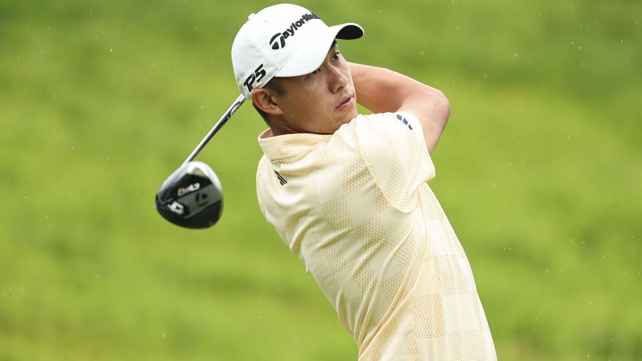 LOUISVILLE, KY - MAY 17: Collin Morikawa hits his shot on the 16th hole during the second round of the PGA Championship at Valhalla Golf Club on Friday, May 17, 2024 in Louisville, Kentucky.