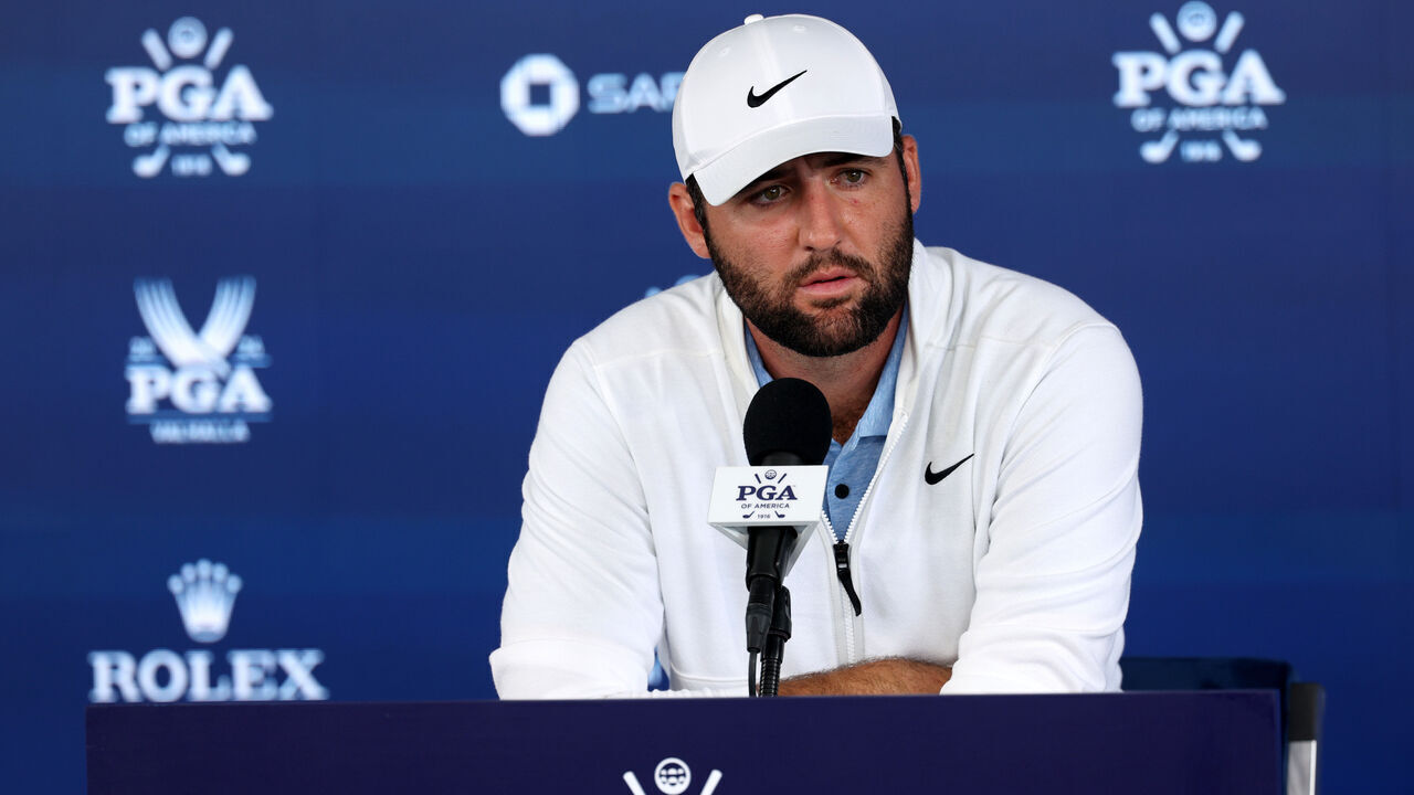 LOUISVILLE, KENTUCKY - MAY 17: Scottie Scheffler of the United States speaks to the media during a press conference during the second round of the 2024 PGA Championship at Valhalla Golf Club on May 17, 2024 in Louisville, Kentucky.