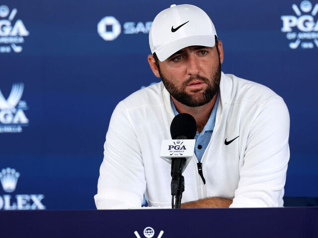 LOUISVILLE, KENTUCKY - MAY 17: Scottie Scheffler of the United States speaks to the media during a press conference during the second round of the 2024 PGA Championship at Valhalla Golf Club on May 17, 2024 in Louisville, Kentucky.