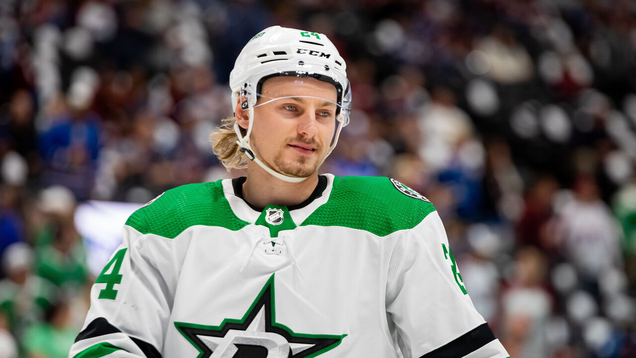 DENVER, COLORADO - MAY 13: Roope Hintz #24 of the Dallas Stars skates in warmups ahead of Game Four of the Second Round of the Stanley Cup Playoffs against the Colorado Avalanche at Ball Arena on May 13, 2024 in Denver, Colorado.