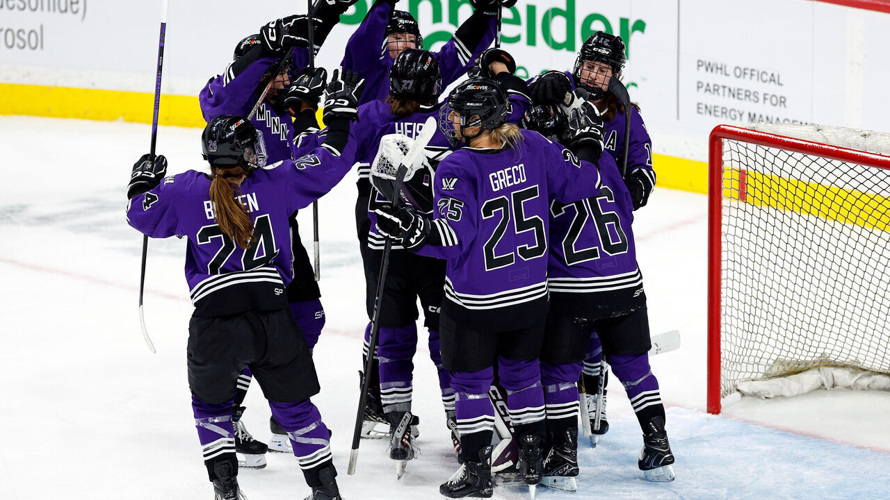 ST PAUL, MINNESOTA - MAY 13: Members of Minnesota celebrate their victory against Toronto after Game Three of the Semi-Finals of the PWHL Playoffs at Xcel Energy Center on May 13, 2024 in St Paul, Minnesota. Minnesota defeated Toronto 2-0.
