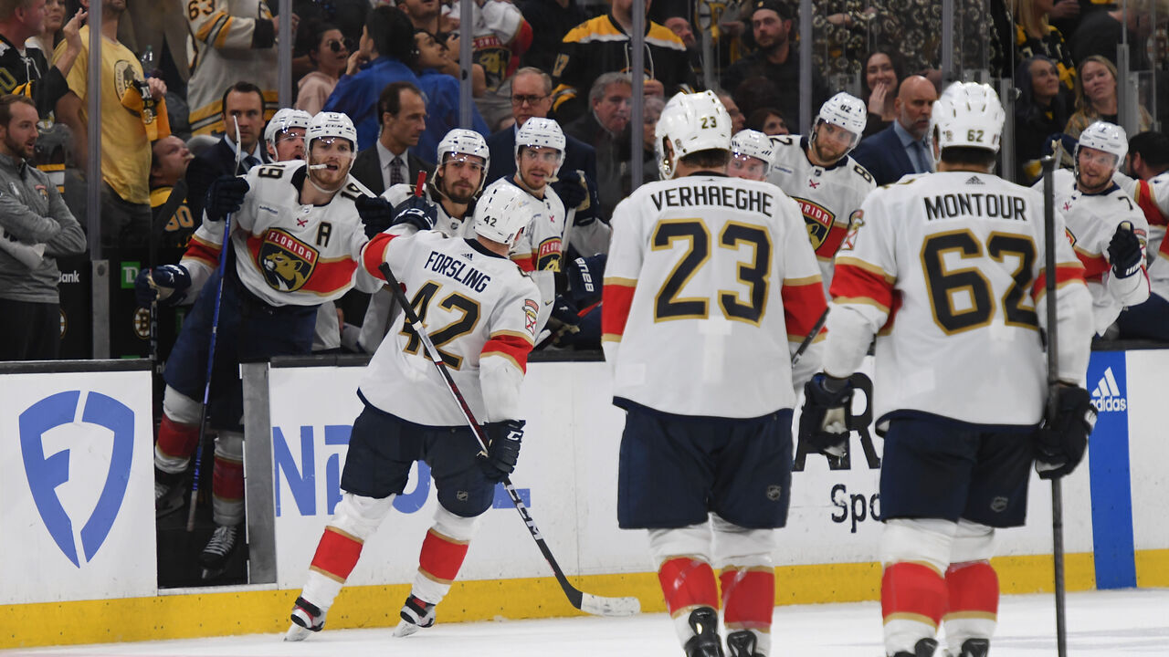BOSTON, MASSACHUSETTS - MAY 17: Gustav Forsling #42 of the Florida Panthers celebrates his third-period goal against the Boston Bruins in Game Six of the Second Round of the 2024 Stanley Cup Playoffs at the TD Garden on May 17, 2024 in Boston, Massachusetts.