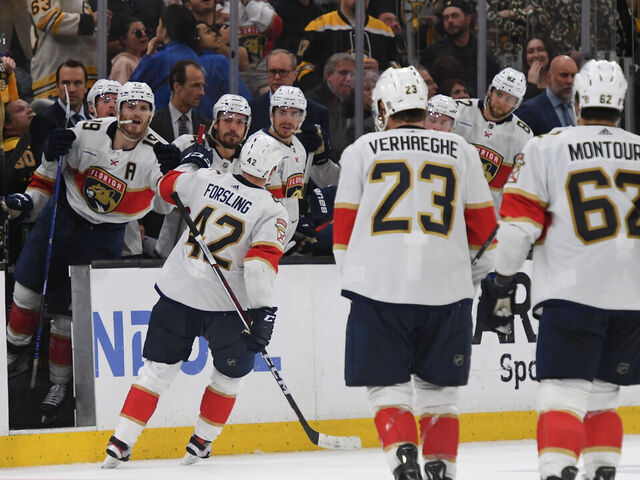 BOSTON, MASSACHUSETTS - MAY 17: Gustav Forsling #42 of the Florida Panthers celebrates his third-period goal against the Boston Bruins in Game Six of the Second Round of the 2024 Stanley Cup Playoffs at the TD Garden on May 17, 2024 in Boston, Massachusetts.