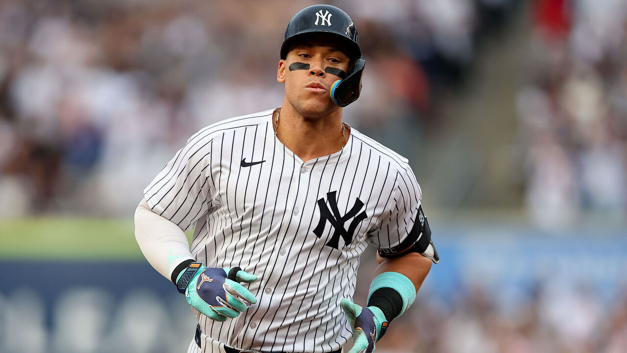 BRONX, NY - MAY 17: Aaron Judge #99 of the New York Yankees rounds the bases after he hits a home run during the first inning of the game against the Chicago White Sox on May 17, 2024 at Yankee Stadium in the Bronx, New York.