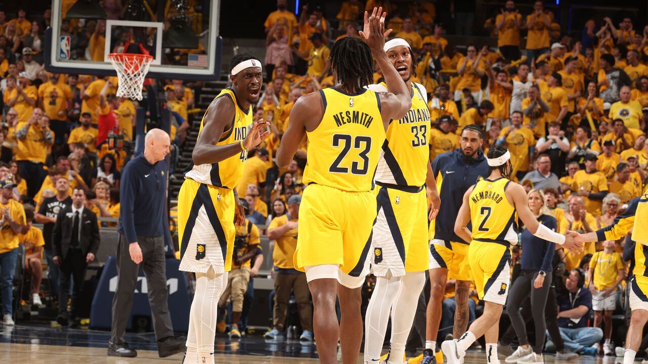 INDIANAPOLIS, IN - MAY 17: Aaron Nesmith #23 of the Indiana Pacers celebrates during the game against the New York Knicks during Round 2 Game 6 of the 2024 NBA Playoffs on May 17, 2024 at Gainbridge Fieldhouse in Indianapolis, Indiana. Mandatory Copyright Notice: Copyright 2024 NBAE