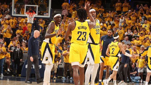 INDIANAPOLIS, IN - MAY 17: Aaron Nesmith #23 of the Indiana Pacers celebrates during the game against the New York Knicks during Round 2 Game 6 of the 2024 NBA Playoffs on May 17, 2024 at Gainbridge Fieldhouse in Indianapolis, Indiana. Mandatory Copyright Notice: Copyright 2024 NBAE