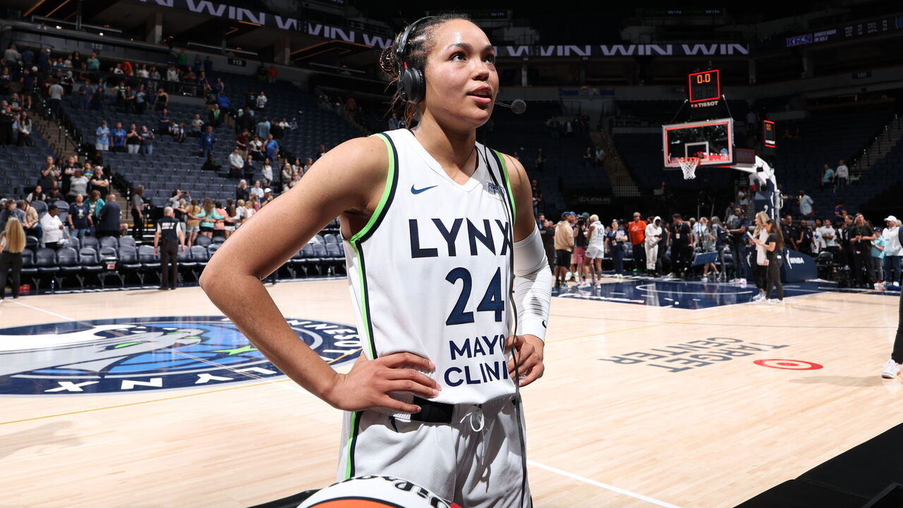 MINNEAPOLIS, MN - MAY 17: Napheesa Collier #24 of the Minnesota Lynx talks to the media after the double overtime win against the Seattle Storm on May 17, 2024 at Target Center in Minneapolis, Minnesota. Mandatory Copyright Notice: Copyright 2024 NBAE