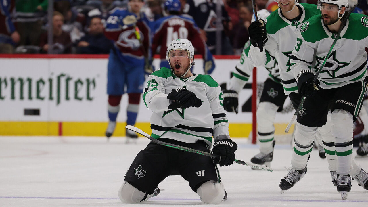 DENVER, COLORADO - MAY 17: Matt Duchene #95 of the Dallas Stars celebrates scoring the game-winning goal in double overtime against the Colorado Avalanche in Game Six of the Second Round of the 2024 Stanley Cup Playoffs at Ball Arena on May 17, 2024 in Denver, Colorado.