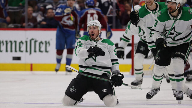 DENVER, COLORADO - MAY 17: Matt Duchene #95 of the Dallas Stars celebrates scoring the game-winning goal in double overtime against the Colorado Avalanche in Game Six of the Second Round of the 2024 Stanley Cup Playoffs at Ball Arena on May 17, 2024 in Denver, Colorado.