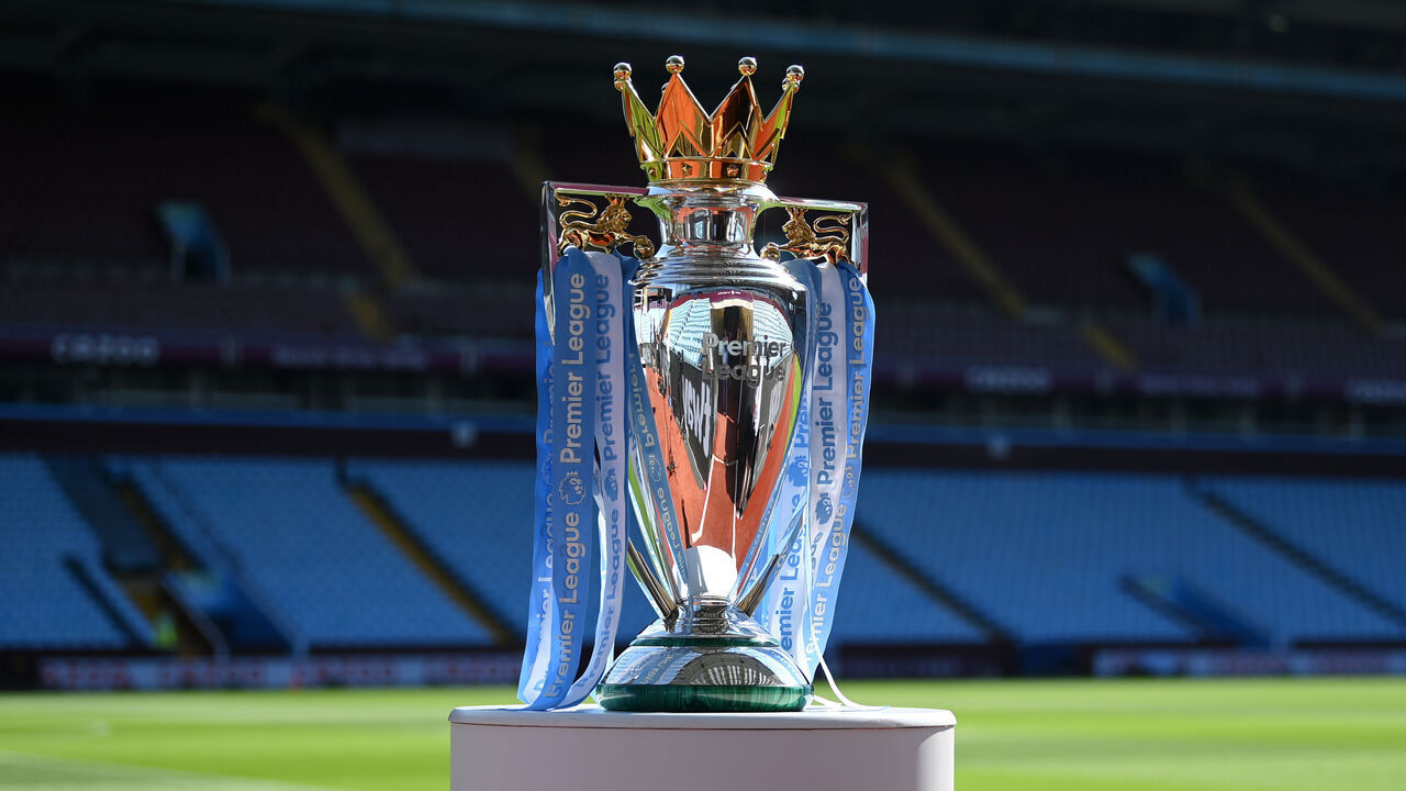 BIRMINGHAM, ENGLAND - AUGUST 13: A detailed view of the Premier League trophy is seen prior to the Premier League match between Aston Villa and Everton FC at Villa Park on August 13, 2022 in Birmingham, England.