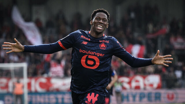 Lille's Canadian forward #09 Jonathan David reacts after scoring his team's first goal during the French L1 football match between Stade Brestois 29 (Brest) and Lille OSC at Stade Francis-Le Ble in Brest, western France, on March 17, 2024.