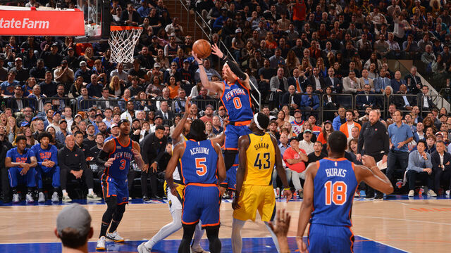 NEW YORK, NY - MAY 14: Donte Divincenzo #0 of the New York Knicks drives to the basket during the game against the Indiana Pacers during Round 2 Game 5 of the 2024 NBA Playoffs on May 14, 2024 at Madison Square Garden in New York City, New York. Mandatory Copyright Notice: Copyright 2024 NBAE