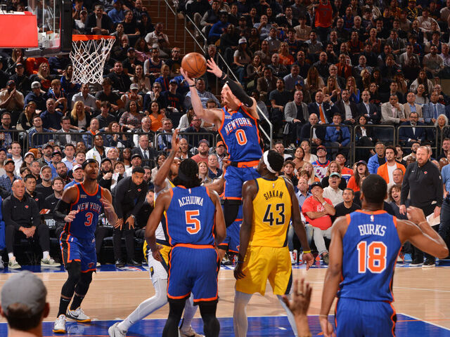 NEW YORK, NY - MAY 14: Donte Divincenzo #0 of the New York Knicks drives to the basket during the game against the Indiana Pacers during Round 2 Game 5 of the 2024 NBA Playoffs on May 14, 2024 at Madison Square Garden in New York City, New York. Mandatory Copyright Notice: Copyright 2024 NBAE