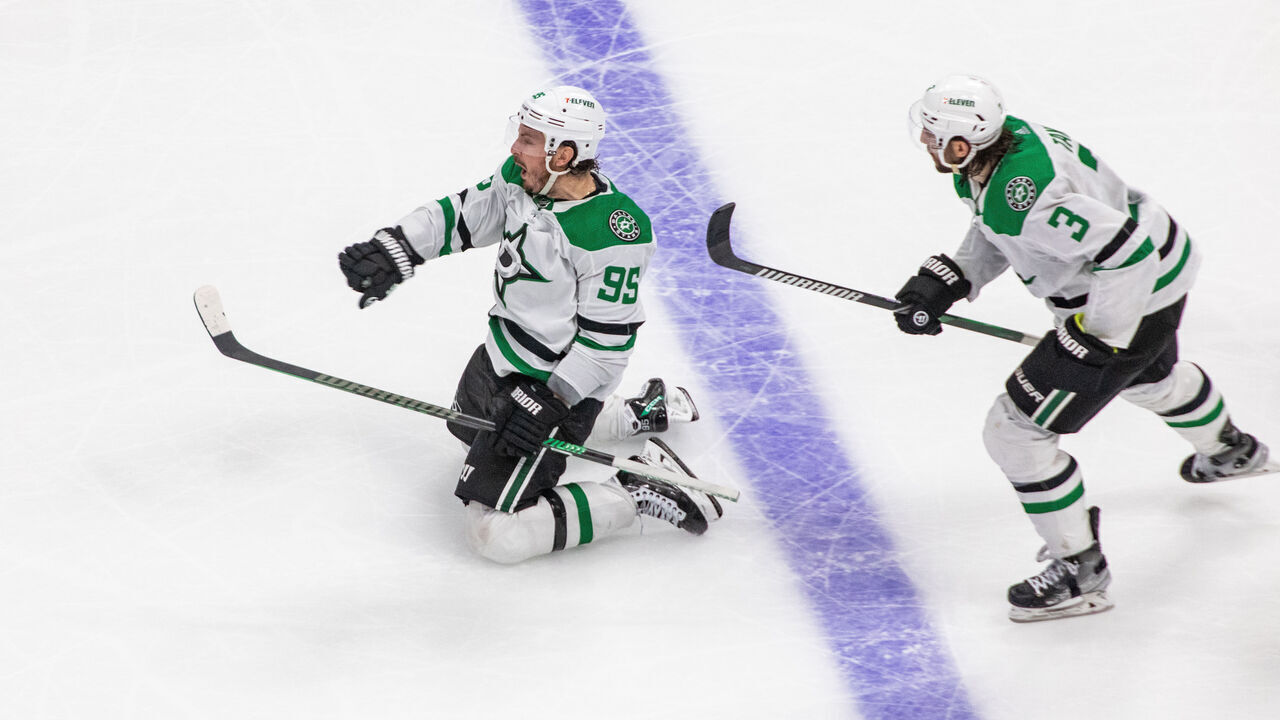 DENVER, COLORADO - MAY 17: Matt Duchene #95 of the Dallas Stars celebrates scoring the game-winning goal in the second overetime period of Game Six of the Second Round of the Stanley Cup Playoffs against the Colorado Avalanche at Ball Arena on May 17, 2024 in Denver, Colorado.