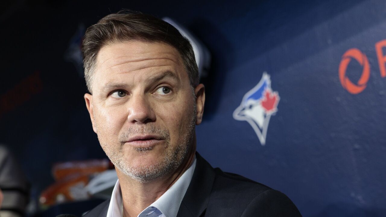 TORONTO. Ross Atkins GM of the Jays talks to media in the dugout. Toronto Blue Jays opening day against the Seattle Mariners in Toronto.(R.J.Johnston/Toronto Star) R.J. Johnston/Toronto Star (R.J. Johnston/Toronto Star via Getty Images)
