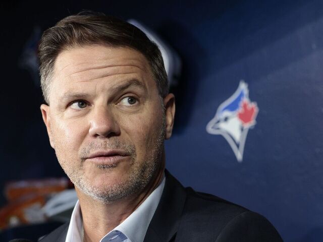 TORONTO. Ross Atkins GM of the Jays talks to media in the dugout. Toronto Blue Jays opening day against the Seattle Mariners in Toronto.(R.J.Johnston/Toronto Star) R.J. Johnston/Toronto Star (R.J. Johnston/Toronto Star via Getty Images)