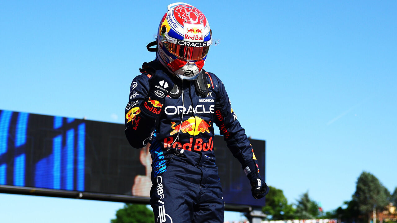IMOLA, ITALY - MAY 18: Pole position qualifier Max Verstappen of the Netherlands and Oracle Red Bull Racing celebrates in parc ferme during qualifying ahead of the F1 Grand Prix of Emilia-Romagna at Autodromo Enzo e Dino Ferrari Circuit on May 18, 2024 in Imola, Italy.