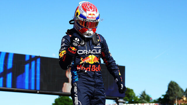 IMOLA, ITALY - MAY 18: Pole position qualifier Max Verstappen of the Netherlands and Oracle Red Bull Racing celebrates in parc ferme during qualifying ahead of the F1 Grand Prix of Emilia-Romagna at Autodromo Enzo e Dino Ferrari Circuit on May 18, 2024 in Imola, Italy.