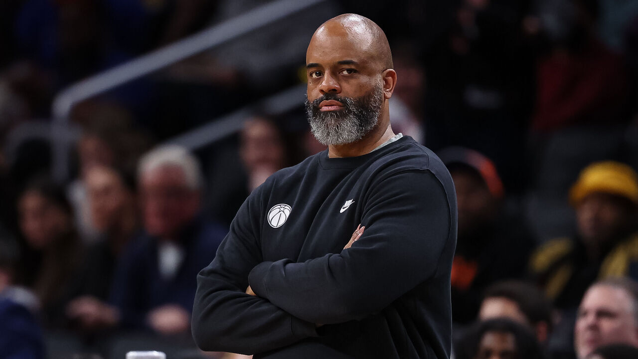 WASHINGTON, DC - JANUARY 06: Head coach Wes Unseld Jr. of the Washington Wizards looks on against the New York Knicks during the first half at Capital One Arena on January 6, 2024 in Washington, DC.