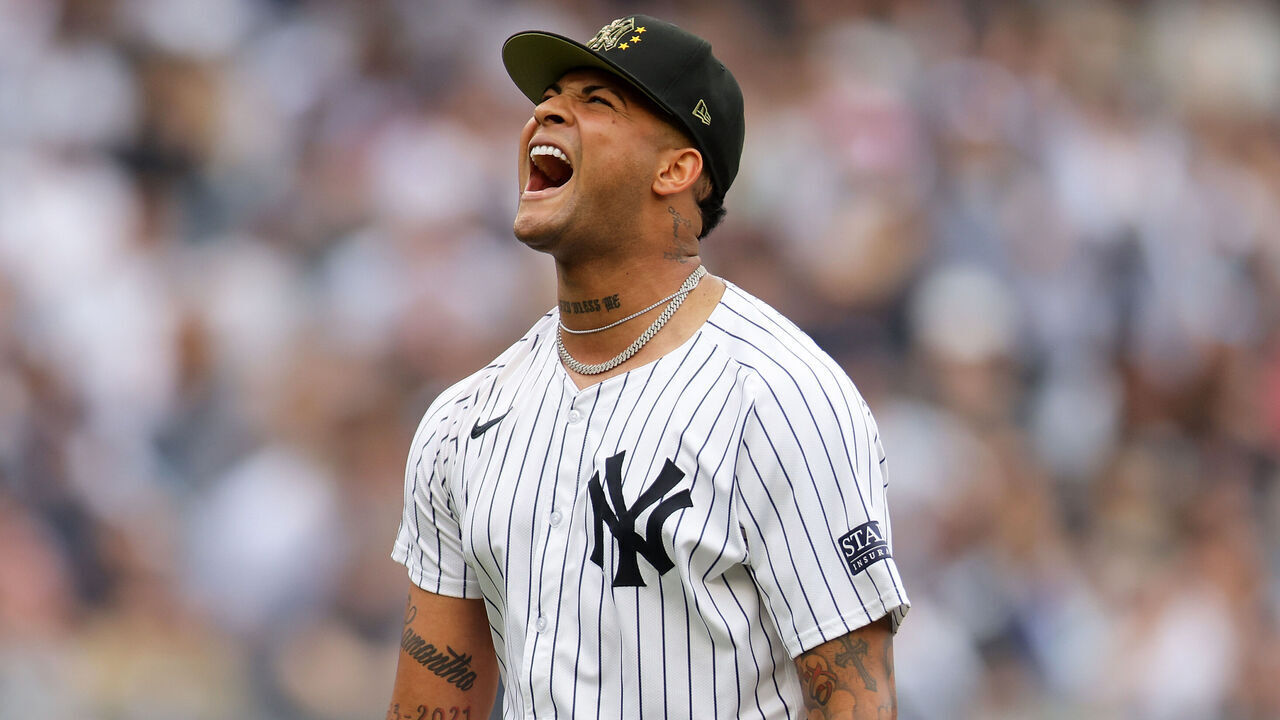 NEW YORK, NEW YORK - MAY 18: Luis Gil #81 of the New York Yankees reacts after striking out Andrew Vaughn #25 of the Chicago White Sox to end the top of the sixth inning at Yankee Stadium on May 18, 2024 in New York City.