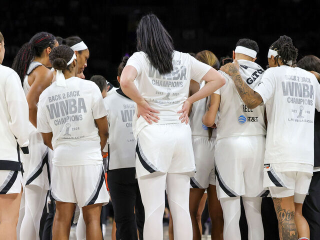 LAS VEGAS, NEVADA - MAY 14: The Las Vegas Aces huddle on the court during an video review in the second quarter of their game against the Phoenix Mercury at Michelob ULTRA Arena on May 14, 2024 in Las Vegas, Nevada. The Aces defeated the Mercury 89-80.