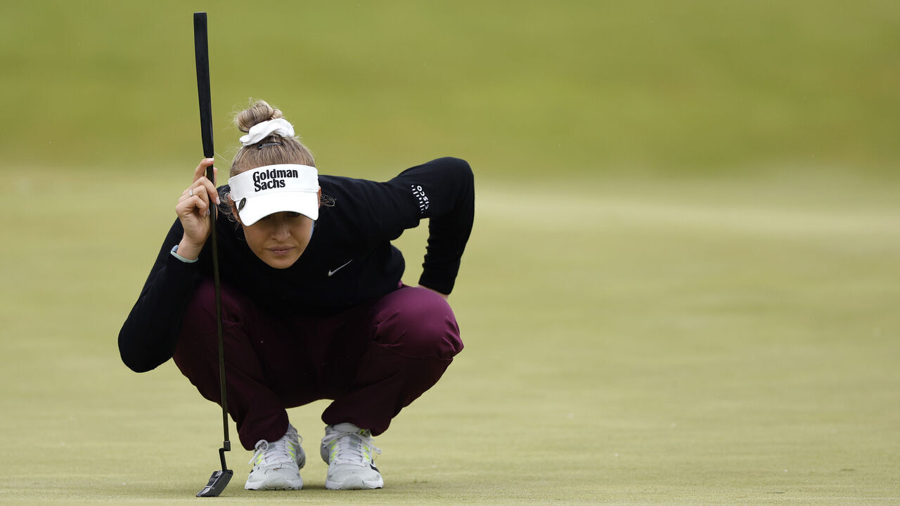 JERSEY CITY, NEW JERSEY - MAY 18: Nelly Korda of the United States lines up a putt on the 15th green during the third round of the Mizuho Americas Open at Liberty National Golf Club on May 18, 2024 in Jersey City, New Jersey.