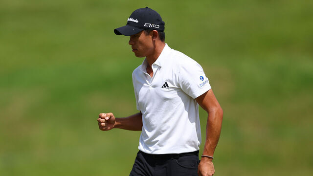 LOUISVILLE, KENTUCKY - MAY 18: Collin Morikawa of the United States reacts to his putt on the fifth green during the third round of the 2024 PGA Championship at Valhalla Golf Club on May 18, 2024 in Louisville, Kentucky.