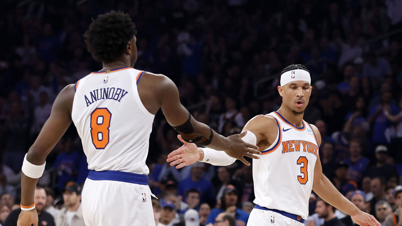 NEW YORK, NEW YORK - MAY 06: OG Anunoby #8 and Josh Hart #3 of the New York Knicks celebrate after a play during the first half in Game One of the Eastern Conference Second Round Playoffs against the Indiana Pacers at Madison Square Garden on May 06, 2024 in New York City.