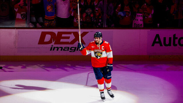 SUNRISE, FL - APRIL 16: Aleksander Barkov #16 of the Florida Panthers skates onto the ice after being awarded the third star of the game for his play against the Toronto Maple Leafs at the Amerant Bank Arena on April 16, 2024 in Sunrise, Florida.