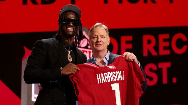DETROIT, MICHIGAN - APRIL 25: (L-R) Marvin Harrison Jr. poses with NFL Commissioner Roger Goodell after being selected fourth overall by the Arizona Cardinals during the first round of the 2024 NFL Draft at Campus Martius Park and Hart Plaza on April 25, 2024 in Detroit, Michigan.