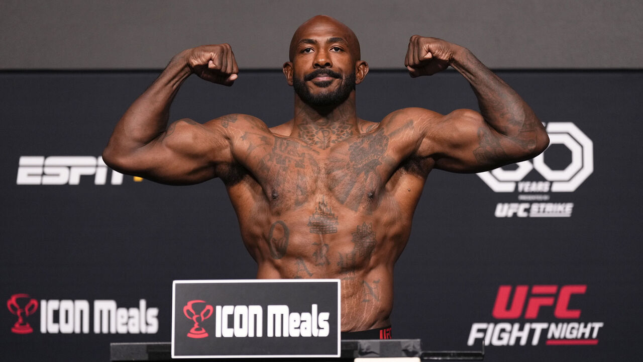 LAS VEGAS, NEVADA - DECEMBER 08: In this handout image provided by UFC, Khalil Rountree Jr. poses on the scale during the UFC Fight Night weigh-in at UFC APEX on December 08, 2023 in Las Vegas, Nevada.