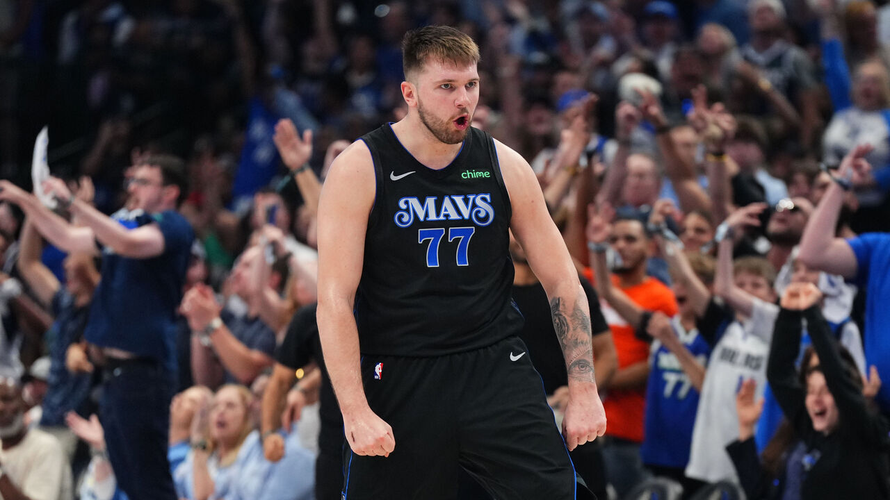 DALLAS, TX - MAY 18: Luka Doncic #77 of the Dallas Mavericks celebrates during the game against the Oklahoma City Thunder during Round 2 Game 6 of the 2024 NBA Playoffs on May 18, 2024 at the American Airlines Center in Dallas, Texas. Mandatory Copyright Notice: Copyright 2024 NBAE
