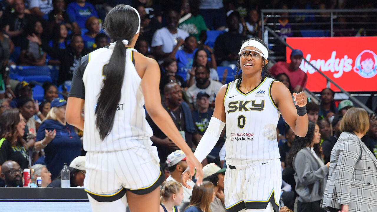 ARLINGTON, TX - MAY 18: Diamond DeShields #0 of the Chicago Sky and Angel Reese #5 of the Chicago Sky looks on during the game against the Dallas Wings on May 18, 2024 at the College Park Center in Arlington, TX. Mandatory Copyright Notice: Copyright 2024 NBAE