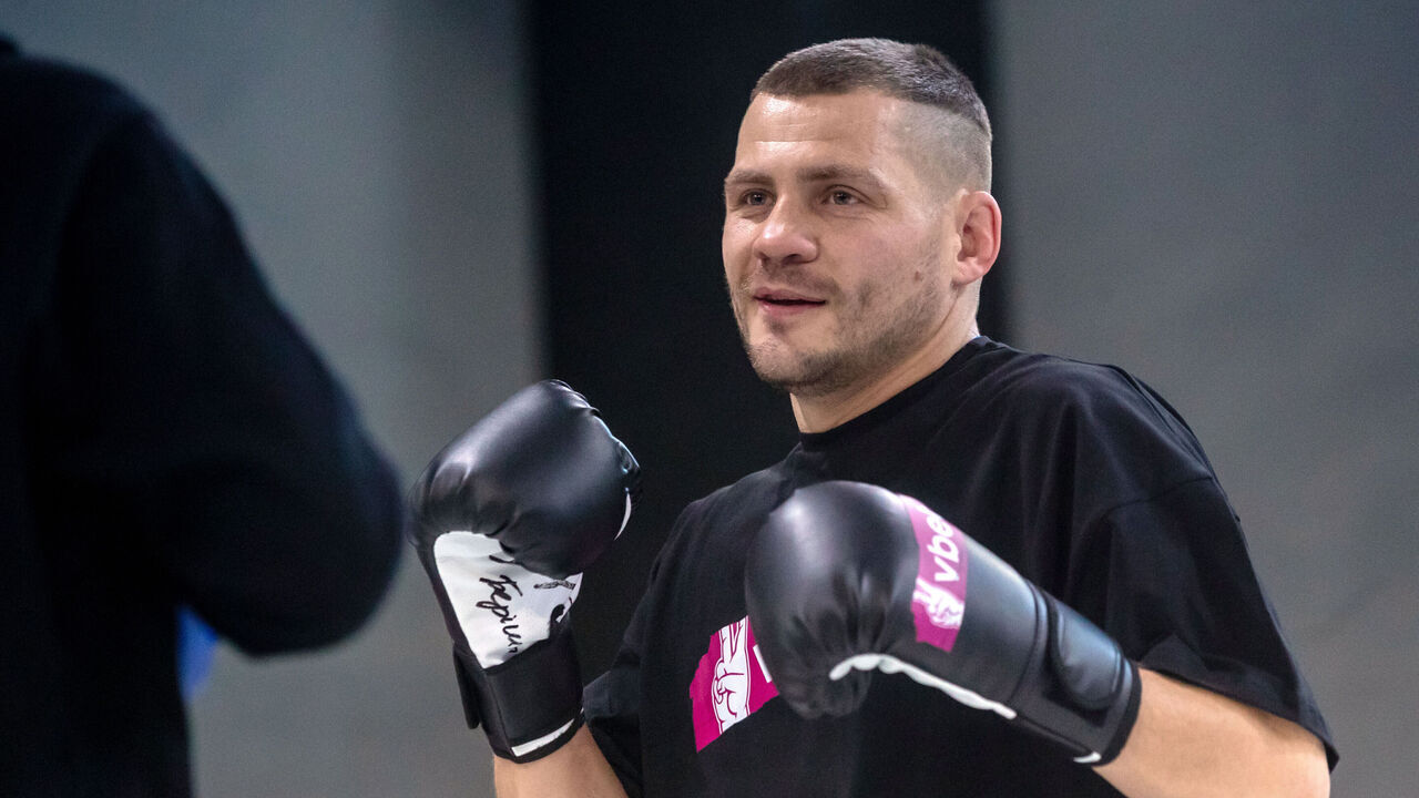 KYIV, UKRAINE - JANUARY 16, 2024 - Boxer, WBO International lightweight champion Denys Berinchyk is pictured during an open training session, Kyiv.