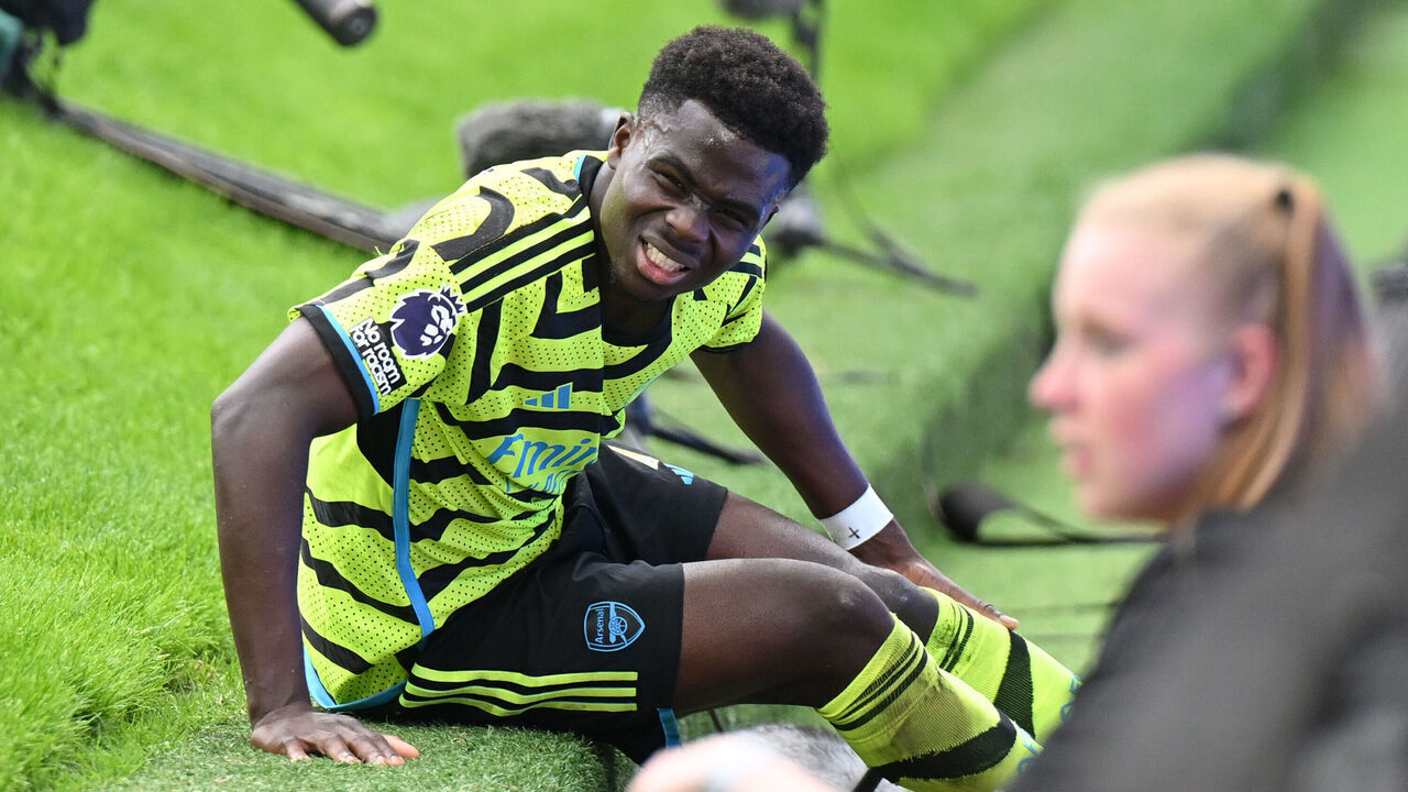 MANCHESTER, ENGLAND - MAY 12: Bukayo Saka of Arsenal reacts during the Premier League match between Manchester United and Arsenal FC at Old Trafford on May 12, 2024 in Manchester, England.