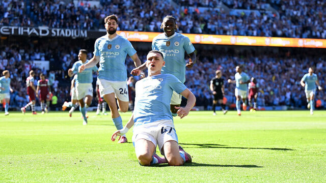 MANCHESTER, ENGLAND - MAY 19: Phil Foden of Manchester City celebrates scoring his team's first goal during the Premier League match between Manchester City and West Ham United at Etihad Stadium on May 19, 2024 in Manchester, England.