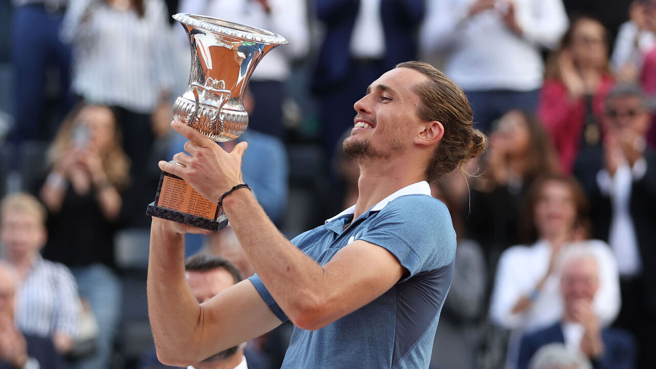 ROME, ITALY - MAY 19: Alexander Zverev of Germany celebrates with the Internazionali BNL D'Italia trophy following victory against Nicolas Jarry of Chile during their Men's Singles Final Match on Day Fourteen of the Internazionali BNL D'Italia 2024 at Foro Italico on May 19, 2024 in Rome, Italy.