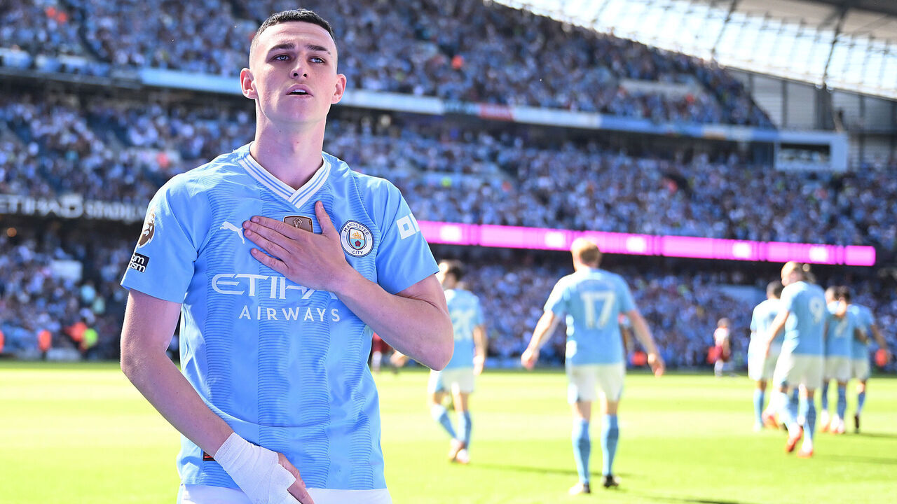 MANCHESTER, ENGLAND - MAY 19: Phil Foden of Manchester City celebrates scoring his team's first goal during the Premier League match between Manchester City and West Ham United at Etihad Stadium on May 19, 2024 in Manchester, England.