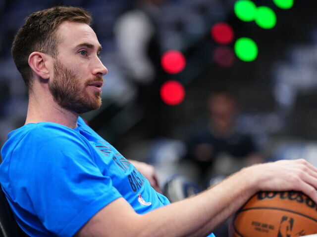 DALLAS, TX - MAY 18: Gordon Hayward #33 of the Oklahoma City Thunder looks on before the game against the Dallas Mavericks during Round 2 Game 6 of the 2024 NBA Playoffs on May 18, 2024 at the American Airlines Center in Dallas, Texas. Mandatory Copyright Notice: Copyright 2024 NBAE
