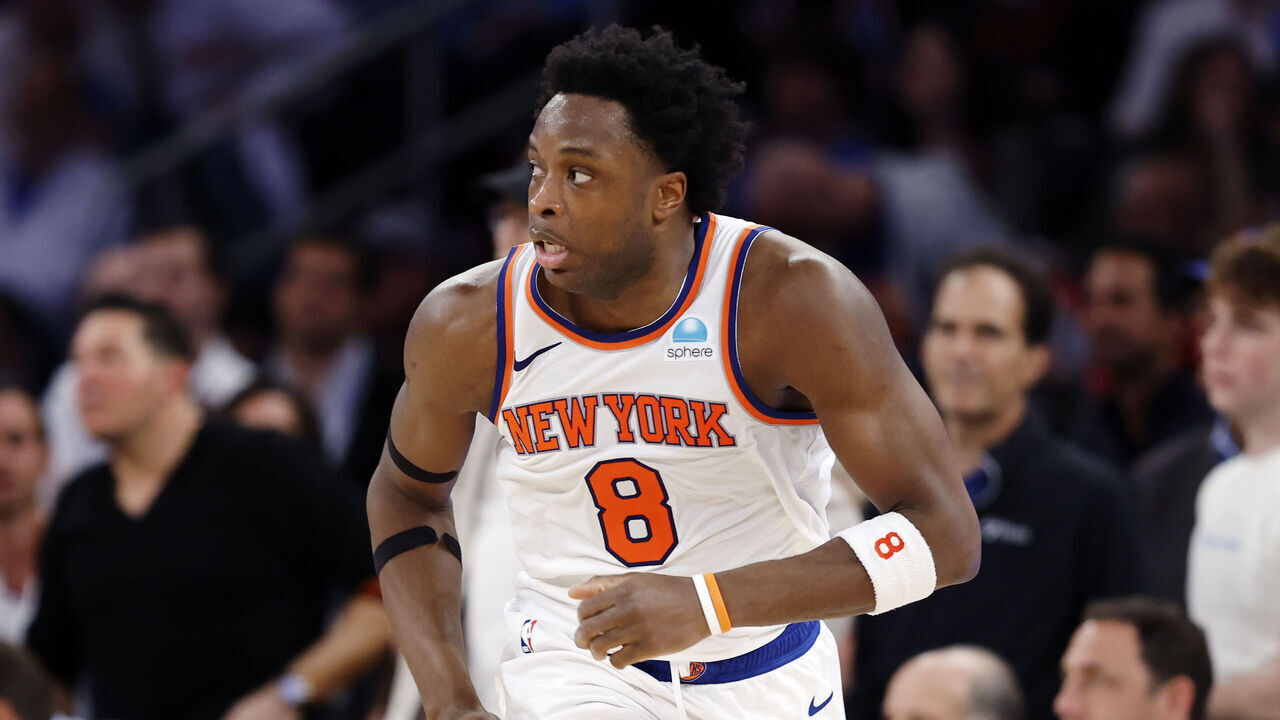 NEW YORK, NEW YORK - MAY 06: OG Anunoby #8 of the New York Knicks in action against the Indiana Pacers during Game One of the Eastern Conference Second Round Playoffs at Madison Square Garden on May 06, 2024 in New York City.