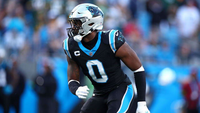 CHARLOTTE, NORTH CAROLINA - DECEMBER 24: Brian Burns #0 of the Carolina Panthers readies for the play during the second half of the game against the Green Bay Packers at Bank of America Stadium on December 24, 2023 in Charlotte, North Carolina.
