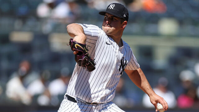 BRONX, NY - APRIL 22: New York Yankees pitcher Carlos Rodon (55) throws to the plate in the second inning during a regular season game between the Oakland Athletics and New York Yankees on April 22, 2024 at Yankee Stadium in the Bronx, New York.