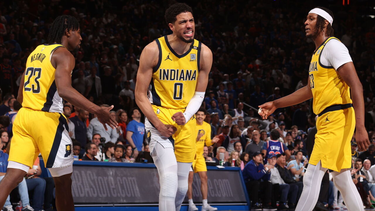 NEW YORK, NY - MAY 19: Tyrese Haliburton #0 of the Indiana Pacers celebrates during the game against the New York Knicks during Round 2 Game 7 of the 2024 NBA Playoffs on May 19, 2024 at Madison Square Garden in New York City, New York. Mandatory Copyright Notice: Copyright 2024 NBAE