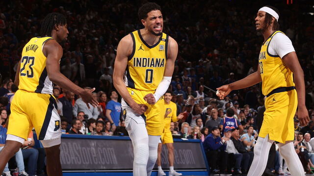 NEW YORK, NY - MAY 19: Tyrese Haliburton #0 of the Indiana Pacers celebrates during the game against the New York Knicks during Round 2 Game 7 of the 2024 NBA Playoffs on May 19, 2024 at Madison Square Garden in New York City, New York. Mandatory Copyright Notice: Copyright 2024 NBAE
