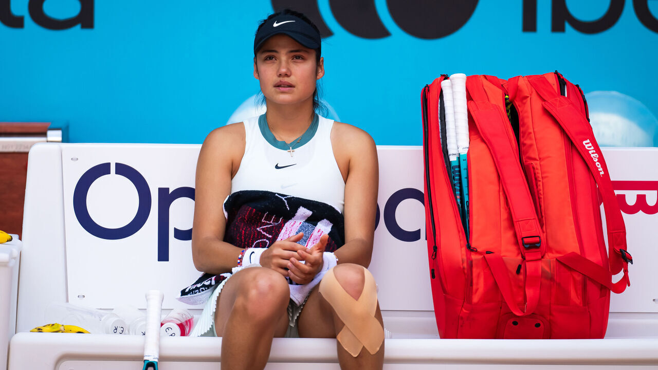 MADRID, SPAIN - APRIL 24: Emma Raducanu of Great Britain in action against Maria Lourdes Carle of Argentina in the first round on Day Two of the Mutua Madrid Open at La Caja Magica on April 24, 2024 in Madrid, Spain